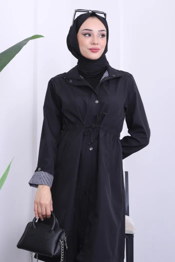 Siyah Bel Büzgülü Trençkot