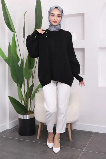 Siyah Bisiklet Yaka Triko Kazak