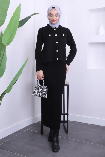 Siyah Crop Hırka Etekli Triko Takım