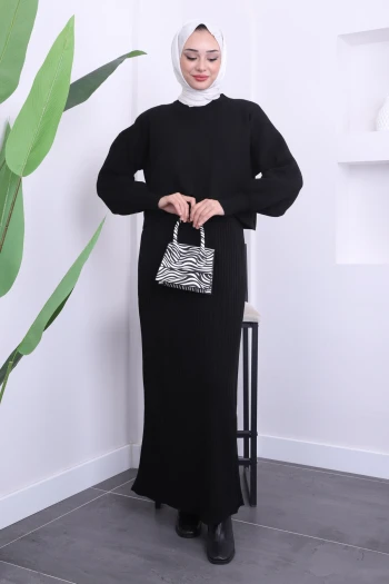 Siyah Crop Kazak Triko Elbise İkili Kombin