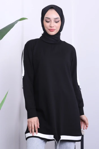 Siyah Etek Ucu Lastikli İki İplik Tunik