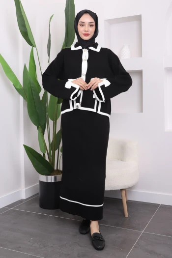 Siyah Fiyonklu Hırka Etekli Triko Takım