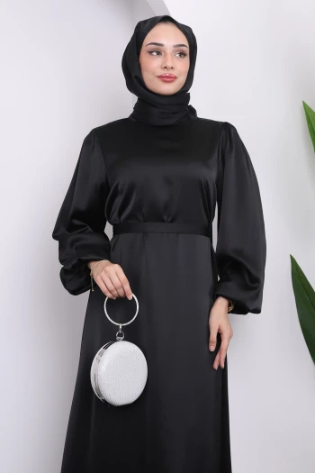 Siyah Hakim Yaka Balon Kol Saten Elbise