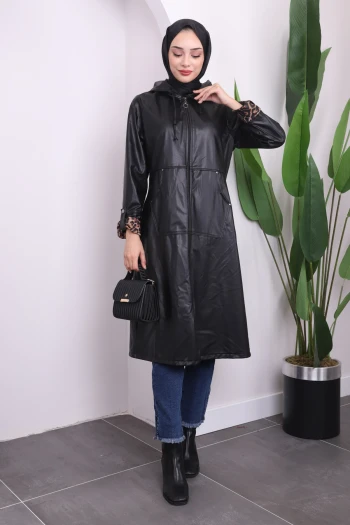 Siyah Kapüşonlu Kol Katlı Deri Trençkot