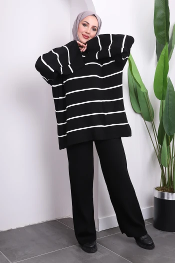 Siyah Pantolonlu Çizgili Tunik Triko Takım