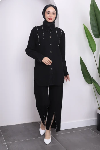 Siyah Taşlı Ceket Pantolon Takım