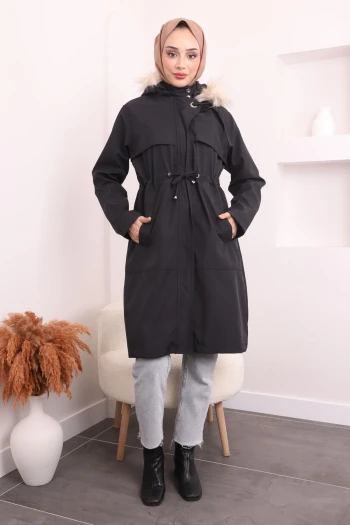 Siyah Yaka Detaylı Kapşonlu Trençkot