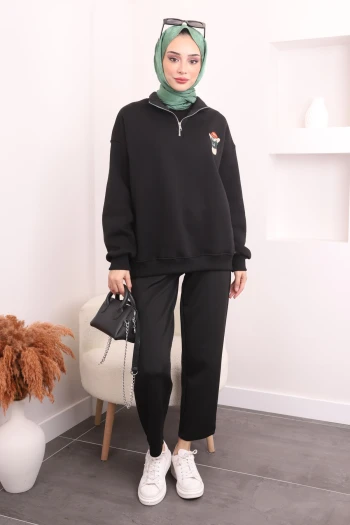 Siyah Yaka Fermuarlı Şardonlu Üç İplik Sweat