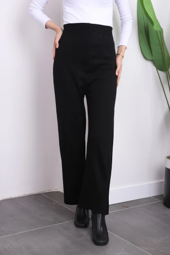 Siyah Yüksek Bel Bol Paça Triko Pantolon