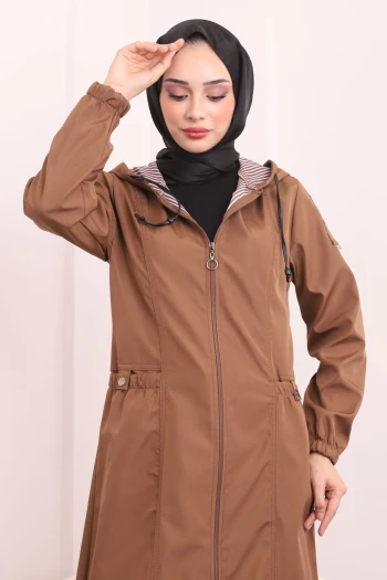 Taba Kapşonlu Kol Lastikli Uzun Trençkot