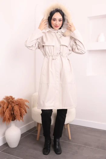 Taş Yaka Detaylı Kapşonlu Trençkot