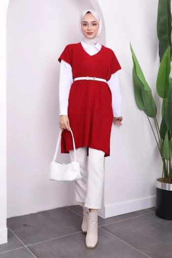 V Yaka Yırtmaçlı Selanik Triko Süveter