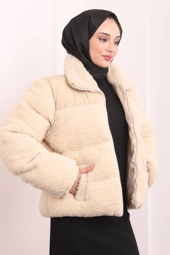 Vizon Cepli Peluş Kısa Mont