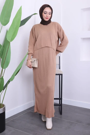 Vizon Crop Kazak Triko Elbise İkili Kombin