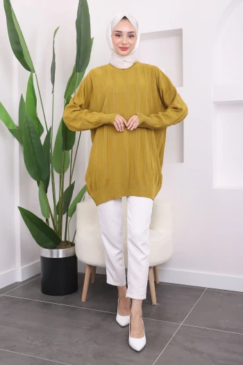 Yağ Yeşili Bisiklet Yaka Merserize Salaş Triko Tunik