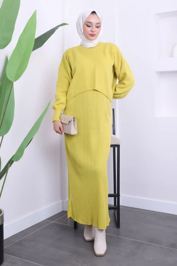 Yağ Yeşili Crop Kazak Triko Elbise İkili Kombin