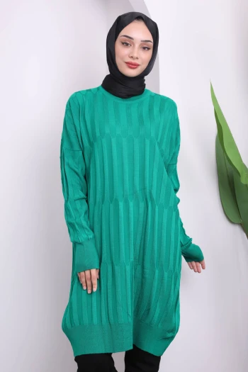 Yeşil Bisiklet Yaka Merserize Salaş Triko Tunik