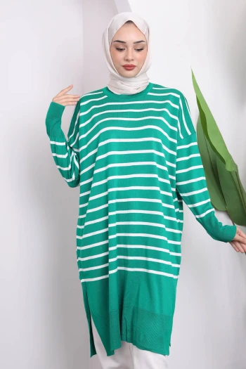 Yeşil Çizgili Yırtmaçlı Merserize Triko Tunik