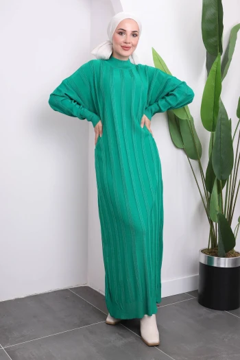 Yeşil Dik Yaka Merserize Triko Elbise