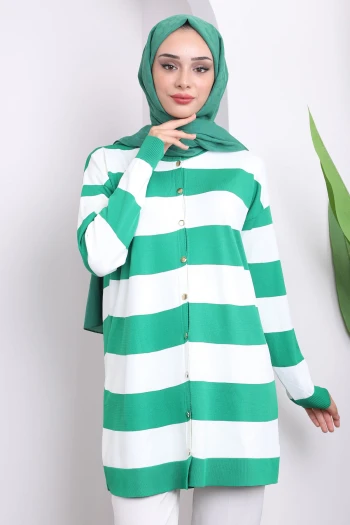 Yeşil Düğmeli Soğuk İplik Triko Tunik Hırka
