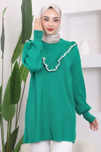 Yeşil Fırfırlı Fitilli Triko Tunik