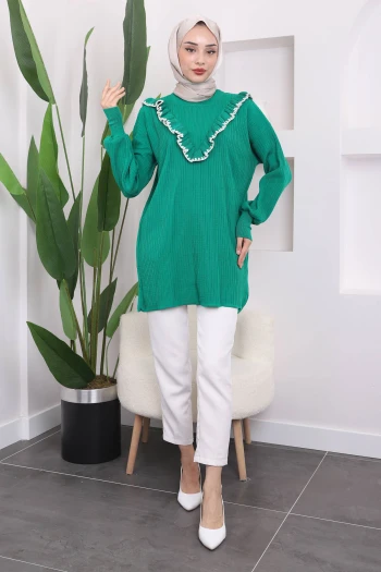 Yeşil Fırfırlı Fitilli Triko Tunik