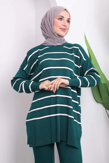 Zümrüt Yeşili Çizgili Triko Tunik Pantolon Takım