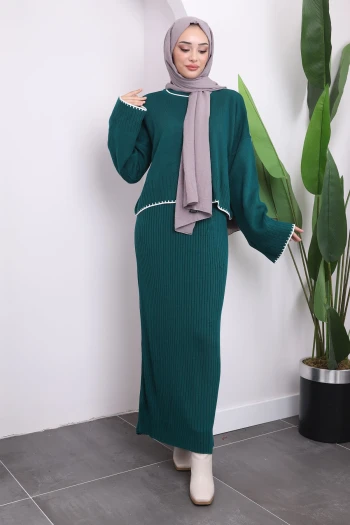 Zümrüt Yeşili İkili Triko Elbiseli Kazak Takım