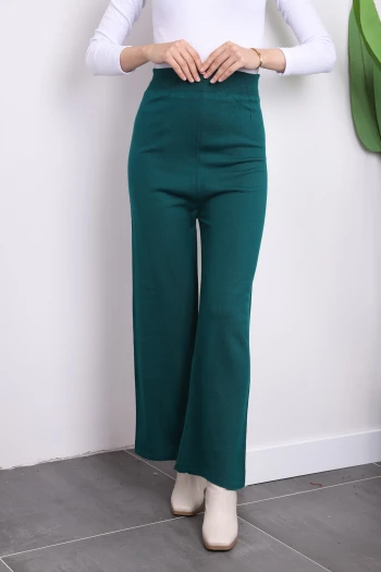 Zümrüt Yeşili Yüksek Bel Bol Paça Triko Pantolon