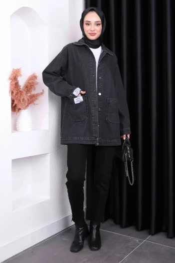 Antrasit Cepli Düğmeli Kot Ceket