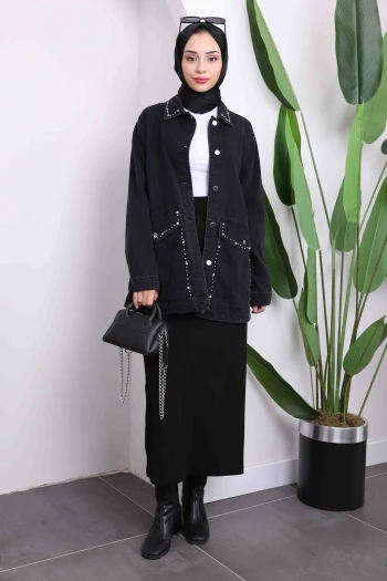 Antrasit Taşlı Kot Ceket