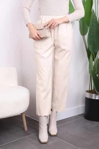 Bej Cepli Bel Lastikli Deri Pantolon