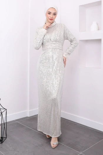 Bej Drapeli Kol Tüylü Pul Payetli  Abiye