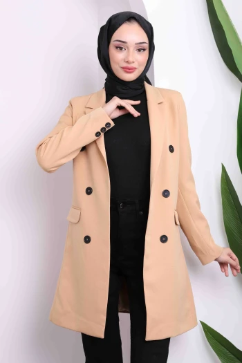 Bej Kruvaze Yaka Astarlı Ceket