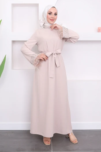 Bej Taşlı Kol Tüylü Abiye