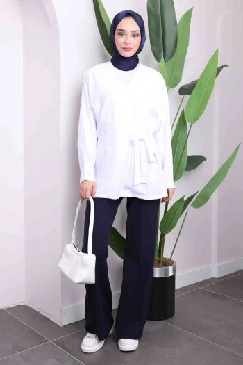 Beyaz Çapraz Bağlamalı Kimono