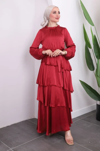 Bordo Kol Lastikli Bel Büzgülü Volanlı Elbise