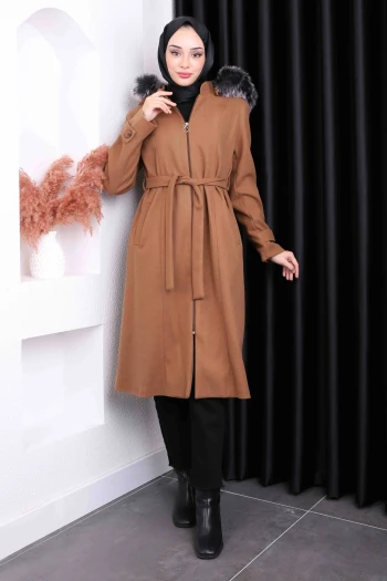 Camel Bel Kuşaklı Kaşe Kaban