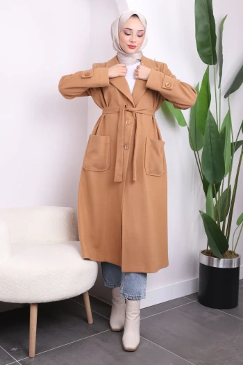 Camel Kuruvaze Yaka Cepli Kaşe Kaban