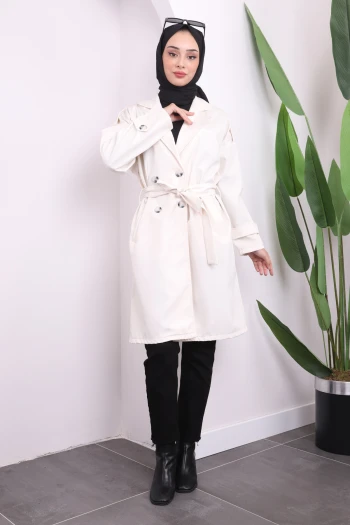 Ekru Bel Kuşaklı Düğmeli Trençkot