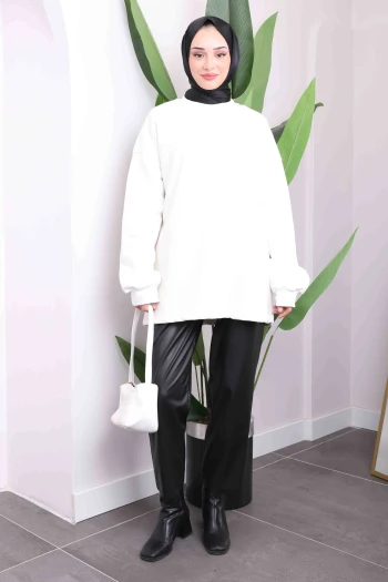 Ekru Bisiklet Yaka Üç İplik Sweat Tunik