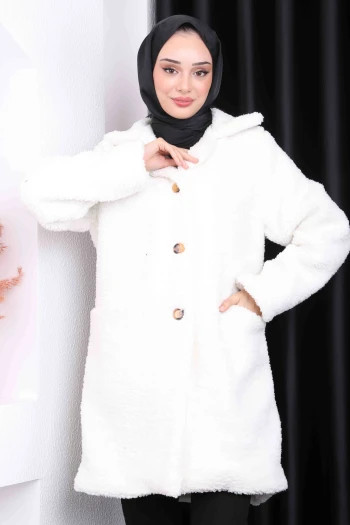 Ekru Düğmeli Angora Peluş Kaban