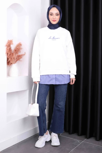 Ekru Nakışlı Üç İplik Sweat