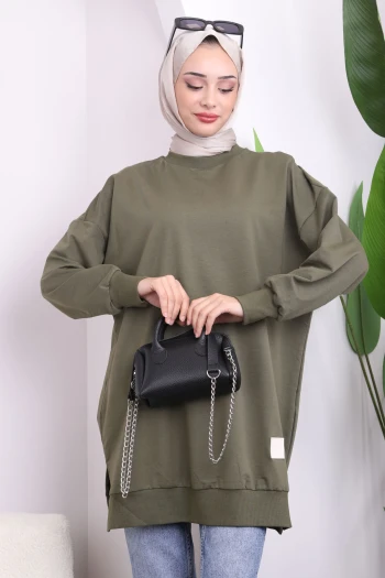 Haki Bisiklet Yaka Yan Yırtmaçlı Sweat