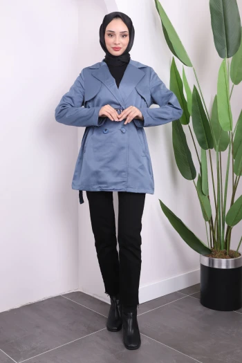 İndigo Kruvaze Yaka Kısa Trençkot