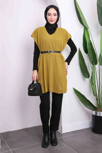 K. Yağyeşili V Yaka Yırtmaçlı Selanik Triko Süveter