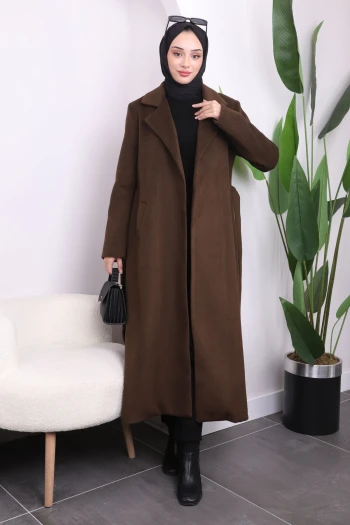 Kahverengi Bel Kuşaklı Uzun Kaşe Kaban