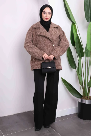 Kahverengi Fermuarlı Kısa Kaşe Kaban