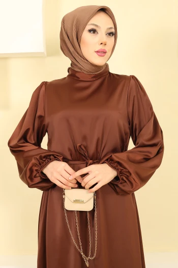 Kahverengi Hakim Yaka Balon Kol Saten Abiye