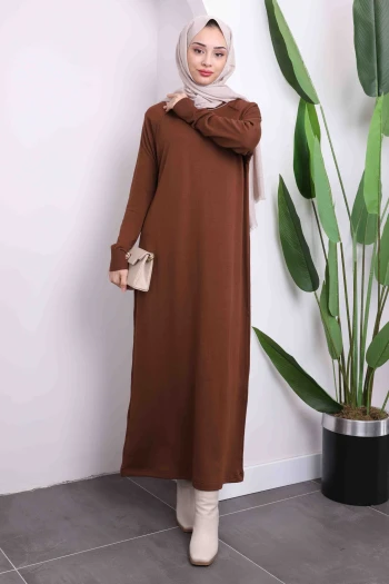 Kahverengi Merserize Soğuk İplik Triko Elbise